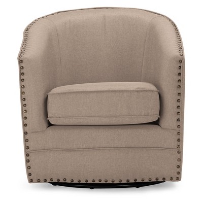 Classic Retro Beige Swivel Barrel Accent Chair with Nailhead Detail