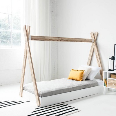 Contemporary Twin Tent Bed with Drawer, Beige & White