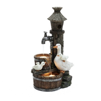 LuxenHome 27.2" H Resin Farmhouse Ducks and Birdhouse Outdoor Water Fountain with Lights Multicolored