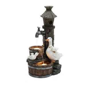LuxenHome 27.2" H Resin Farmhouse Ducks and Birdhouse Outdoor Water Fountain with Lights Multicolored - 1 of 4