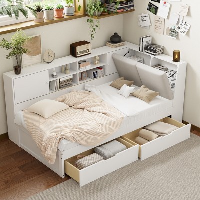 Merax Wooden L-Shaped Daybed with Upholstered Storage Headboard, USB Charging Ports & Storage Bookcase