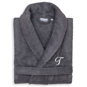 Linum Home Textiles 100% Turkish Cotton Adult Personalized Terry Bathrobe Gray in White Script Font - 1 of 3