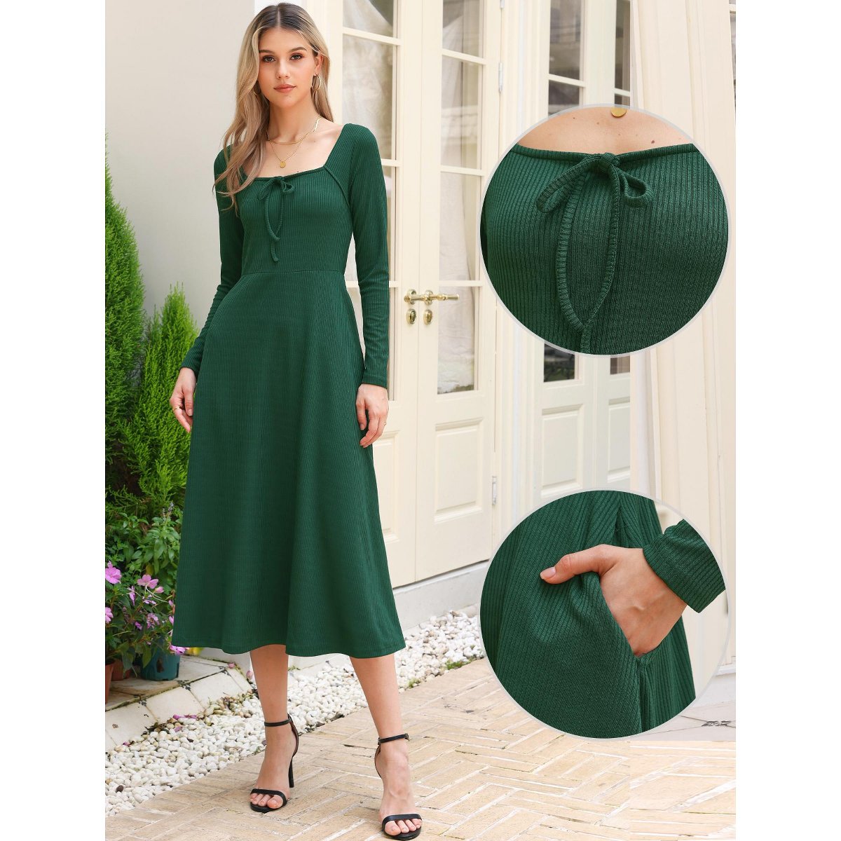 Женские платья INSPIRE CHIC Women's Square Neck Long Sleeve A-Line High Waist Midi Knitted Dresses with Pocket Dark Green X-Large — фото 2