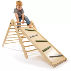 JumpOff Jo – Wooden 3-in-1 Triangle Climber with Ladder & Slide  – Solid Natural Wood w/ Green, Grey