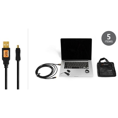  Tether Tools BTK28 Starter Tethering Kit, Includes Pro USB 2.0 A Male - Mini B 8 Pin 15' Cable, JerkStopper Kit, Case, LED Light, Black 