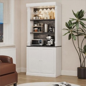 Tall Storage Bookcase with 5-Tier Open Shelves, Roman Column Design and 4 Adjustable Lights, White & White & Black Wood Grain Display Storage Cabinet - 1 of 4