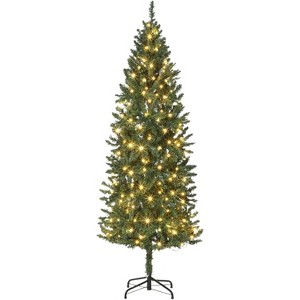 6 Ft Pre-Lit Pencil Christmas Tree, Slim Artificial Christmas Tree with 250 Colorful LED Lights, 8 Lighting Modes, 571 Tips, Metal Base, Green - 1 of 4