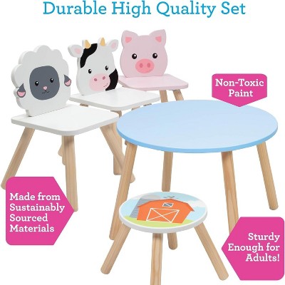 Kids Blue and White Wooden Animal Table Set with 3 Chairs