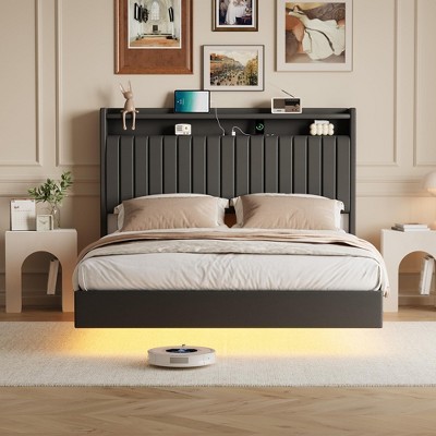 Black Queen Upholstered Floating Bed Frame with LED Lights and Storage