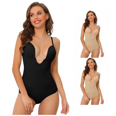 INSPIRE CHIC Women's U-Plunge Leotard Jumpsuit Top Waist Tummy Control  Built-in Bra Full Shapewear Bodysuit 3 Packs