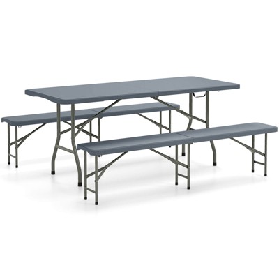 Tangkula 3 PCS Folding Picnic Table Set w/ 6 ft Table & 2 Benches HDPE Tabletop Bench Top Gray