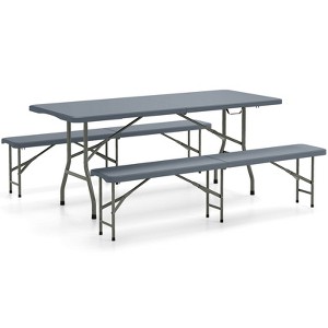 Tangkula 3 PCS Folding Picnic Table Set w/ 6 ft Table & 2 Benches HDPE Tabletop Bench Top Gray - 1 of 4