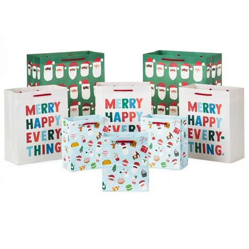 Hallmark Holiday Gift Bag Assortment (8 Bags; 3 Small 6 inch, 3 Medium 9 inch, 2 Large 13 inch) Multicultural Santa Claus, Merry Happy Everything