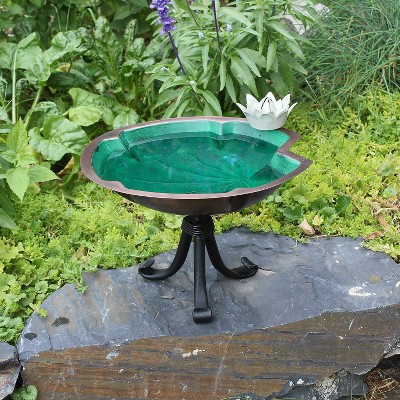 15" Green and Copper Metal Lily Pad Birdbath with Iron Stand