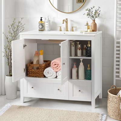 phiestina 36" White MDF Bathroom Vanity Cabinet without Basin, Double Doors, Double Drawers, Decorative Strips, Modern Storage Cabinet for Bathroom
