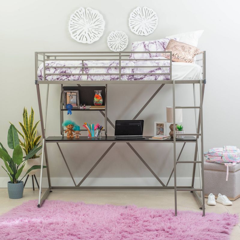 Zachary Modern Industrial Pewter Metal Kids&#39; Twin Loft Bed with Built in Study Desk - Powell, 3 of 13