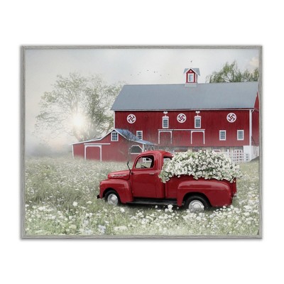 Stupell Industries Red Truck Floral Country Meadow Black Framed Giclee Art