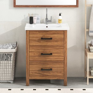 ALEXOUN 24" Farmhouse  Freestanding Bathroom Vanity with Single   Sink,Bathroom Vanity with 1 Tip-Out Drawer and 2 Pull- Out Drawers,Brown - 1 of 4
