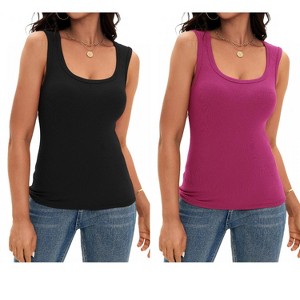 ATHLECHIC Women's Scoop Neck Ribbed Wide Strap Sleeveless Workout Basic Sport Tank Tops 2 Packs - 1 of 4