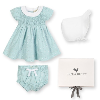Hope & Henry Baby Short Sleeve Linen Dress with Ruffle Collar and Bonnet Boxed Gift Set, Infant