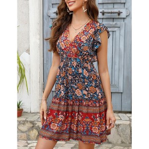 Coolmee Women's Boho Floral Mini Dress Casual Print Short Sleeve V Neck Summer Dress High Waisted Swing Ruffle Summer Dress - 1 of 4