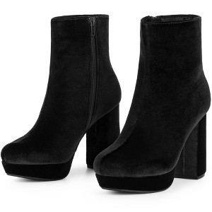 Allegra K Women's Round Toe Zip-Up Faux Velvet Block Heels Ankle Boots - 1 of 4