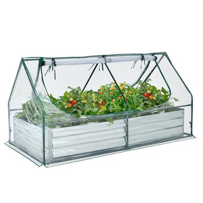 Tangkula Galvanized Steel Raised Garden Bed Metal Planter Box Kit w/ Mini Greenhouse Cover