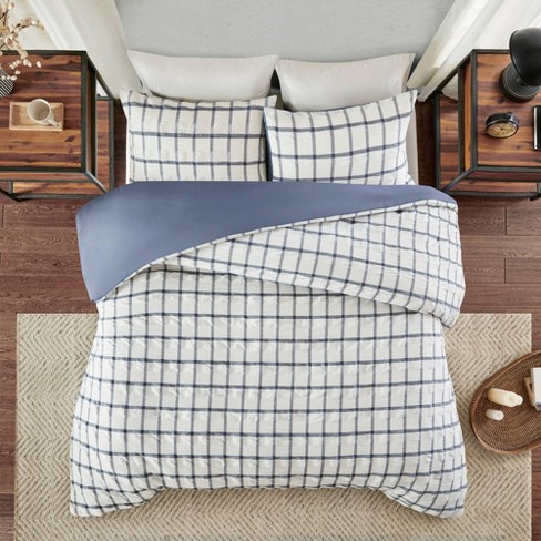 Jander Full Queen 3pc Print Seersucker Duvet Cover Set White Navy