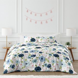 Sweet Jojo Designs Girl Full/Queen Comforter Bedding Set Watercolor Floral Blue Pink and White 3pc. - 1 of 4