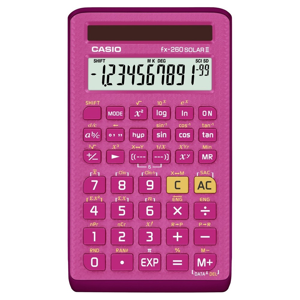 Casio fx-260SolarII Scientific Calculator - Pink (260PK-BTS17) The Casio fx-260 Solar II scientific calculator is an attractive choice for students and professionals. It features a 10-digit display, which is large enough to handle decimal, trigonometry, exponential, and statistical functions, as well as, hundreds of other math functions. All-purpose scientific calculator that offers fraction calculation and trigonometric functions. Polar/Rectangular conversions, Logarithms, natural log, exponential, nPr, cPr, x!, random number generator. Scientific Notation. Rmended for students taking General Math, Pre-Algebra, Algebra I and II, Trigonometry, General Science. Super Solar Power. Protective hard slide on case, and instruction guide. Color: Pink.