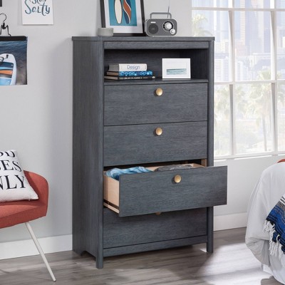 Denim Oak Vertical 4-Drawer Chest with Open Shelf