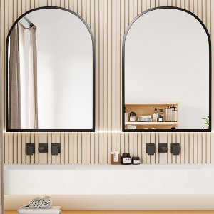 Wooakway Arch Metal Medicine Cabinet with Adjustable Shelves Recessed Wall Cabinet Wall Mounted Bathroom Storage Cabinet with Mirror Black/Gold - 1 of 4