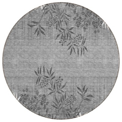 Gray Charcoal And Ivory Floral Washable Indoor Outdoor Area Rug