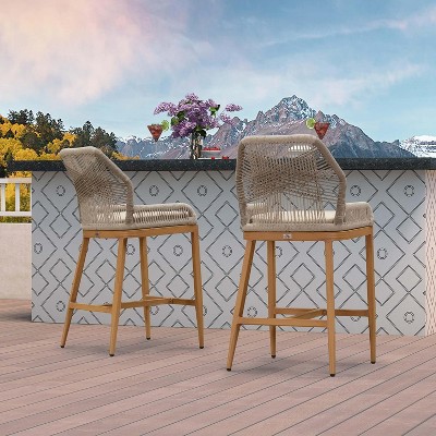 PURPLE LEAF Outdoor Counter Stools and Chairs (Set of 4) Rattan Barstools with Backrest and Footrest for Garden Pool, Includes Cushions