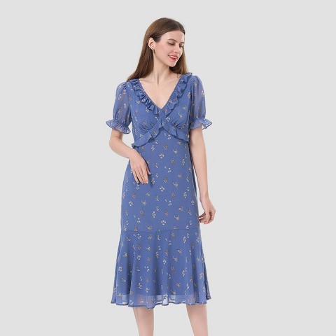 Женские платья Universal Thread Women's Puff Short Sleeve Ruffle Midi Dress - Universal Thread™ Blue Floral S