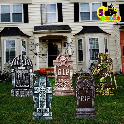 Joyfy 5pcs Halloween 17" Foam RIP Graveyard Tombstones with 12 Metal Stakes,  Outdoor Decor for Halloween Haunted House Yard Lawn Party Decorations