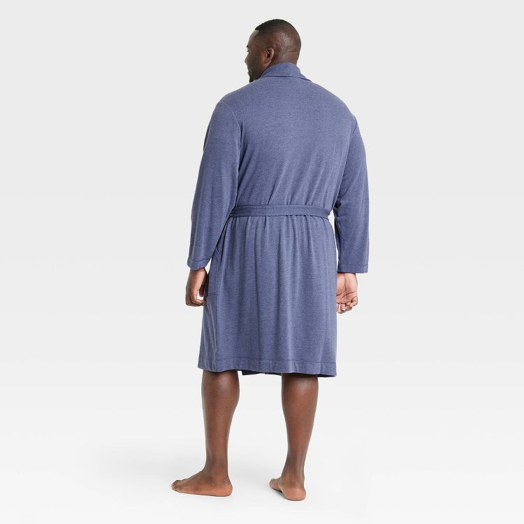 Blue colored knee-length robe with long sleeves and a belt, viewed from the back.