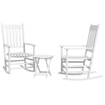 Outsunny Wooden Rocking Chair Set, Curved Armrests, High Back, Slatted Top Table Outdoor Rocker Set, White