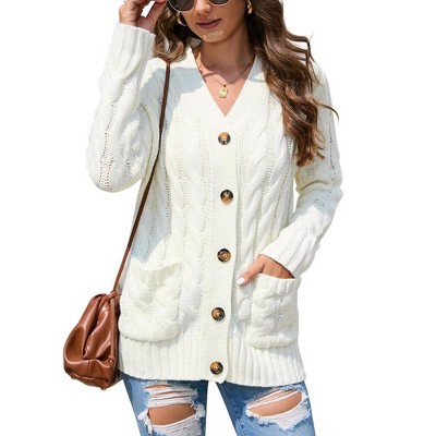Women's Open Front Cardigan Sweater with Pockets Long Sleeve Cable Knit Button Loose Cardigan Sweater Outwear