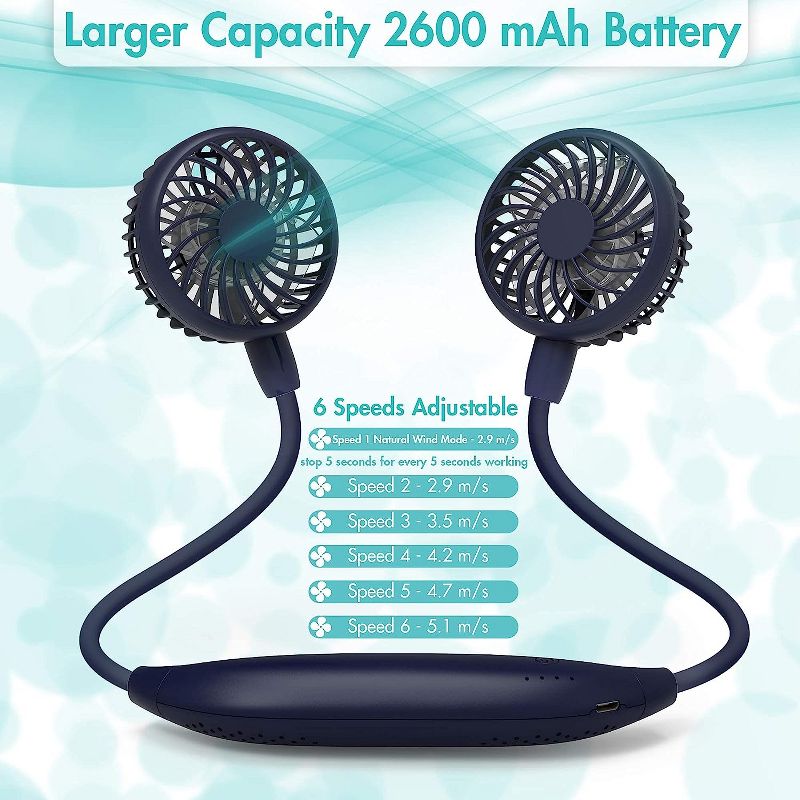 Panergy Portable Neck Fan, 2600mAh Battery Operated Ultra Quiet Hands Free USB Fan with 6 Speeds, Strong Wind, 360° Adjustable Flexibility Wearable, 4 of 9