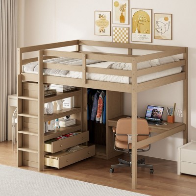 NicBex Full Size Bunk Bed with Desk Loft Bed Wooden Bed Frame with Wardrobe, Shelves, 2 Drawers, Ladder and Guardrail, No Box Spring Required, Walnut