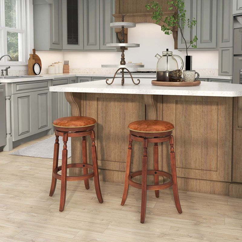 Costway 29" Swivel Bar Stool Set of 2/4 with Upholstered Seat & Rubber Wood Frame Round Walnut, 4 of 8