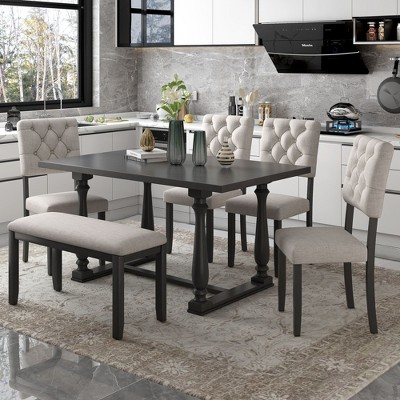 NicBex Dining Table Set for 6 Retro Rectangular Dining Room Table and Chairs with Bench for Kitchen