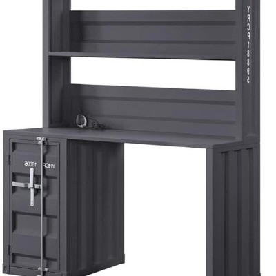 Sleek Gunmetal Black Computer Desk with Hutch and Power Outlet