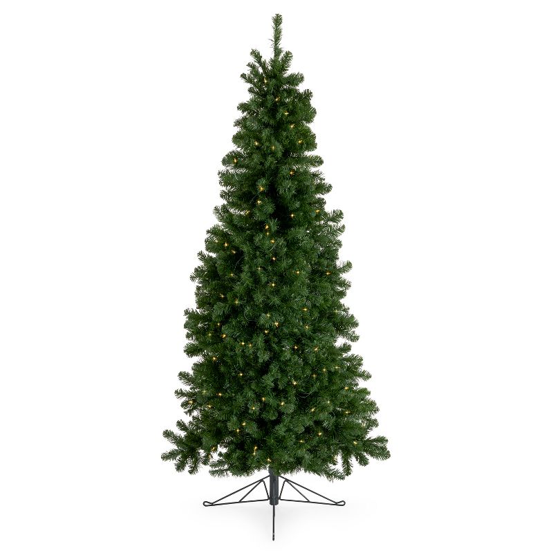 Home Heritage Artificial Half Christmas Tree Prelit with White LED Lights, PVC Foliage Tips, Metal Stand, Green, 1 of 7