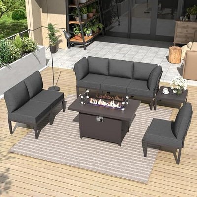 ALAULM Metal Patio Furniture Set Modern Metal Outdoor Conversation Sets w/45in Propane Fire Pit Table, Patio Sectional Sofa w/5 Inch Cushion