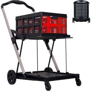 2-Tier Folding Grocery Cart, 198 lb Capacity Collapsible Shopping Trolley with Wheels & Removable Crate, Foldable Cart for Market/Mall, Blue - 1 of 4