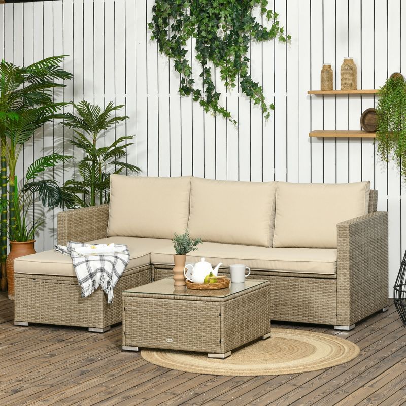 Outsunny 3 Piece Patio Furniture Set, Rattan Outdoor Sofa Set with Chaise Lounge & Loveseat, Soft Cushions, Storage, Table, Sectional Couch, Khaki, 4 of 8