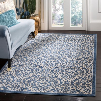 Navy and Cream 3' x 5' Synthetic Damask Area Rug
