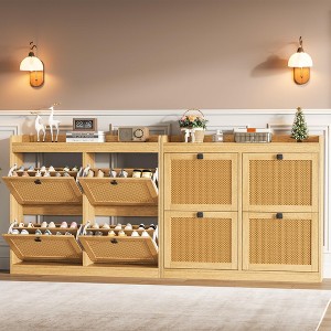coucheta Set of 2 Shoe Storage Cabinet with 4 Flip Drawers, Wood Shoe Cabinet with Rattan Doors and Adjustable Shelves- Freestanding Shoe Organizer - 1 of 4